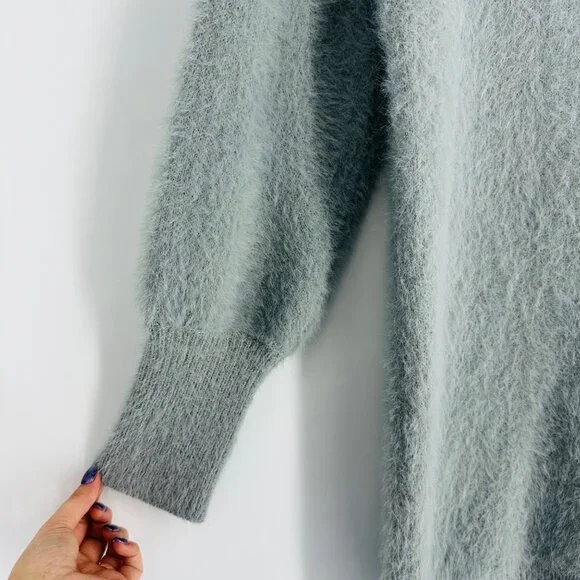 LBD Gray Fuzzy Long Balloon Sleeve Turtleneck Knit Short Sweater Dress Size S - Picture 4 of 9